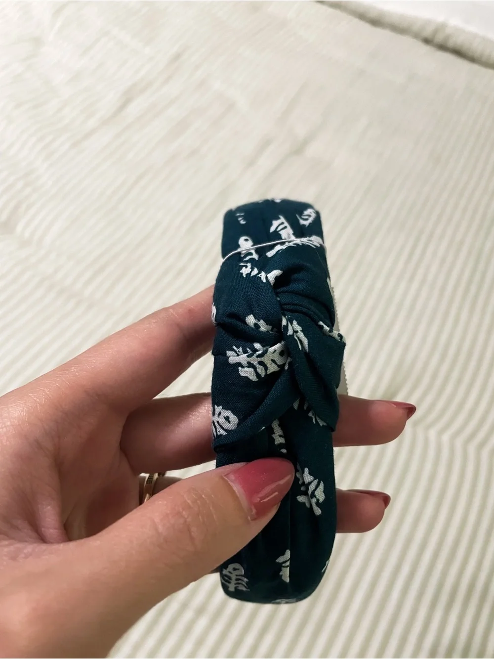 New J. Crew Peacock Ivory Printed Knot Headband Teal Dark Green Cotton Woven
